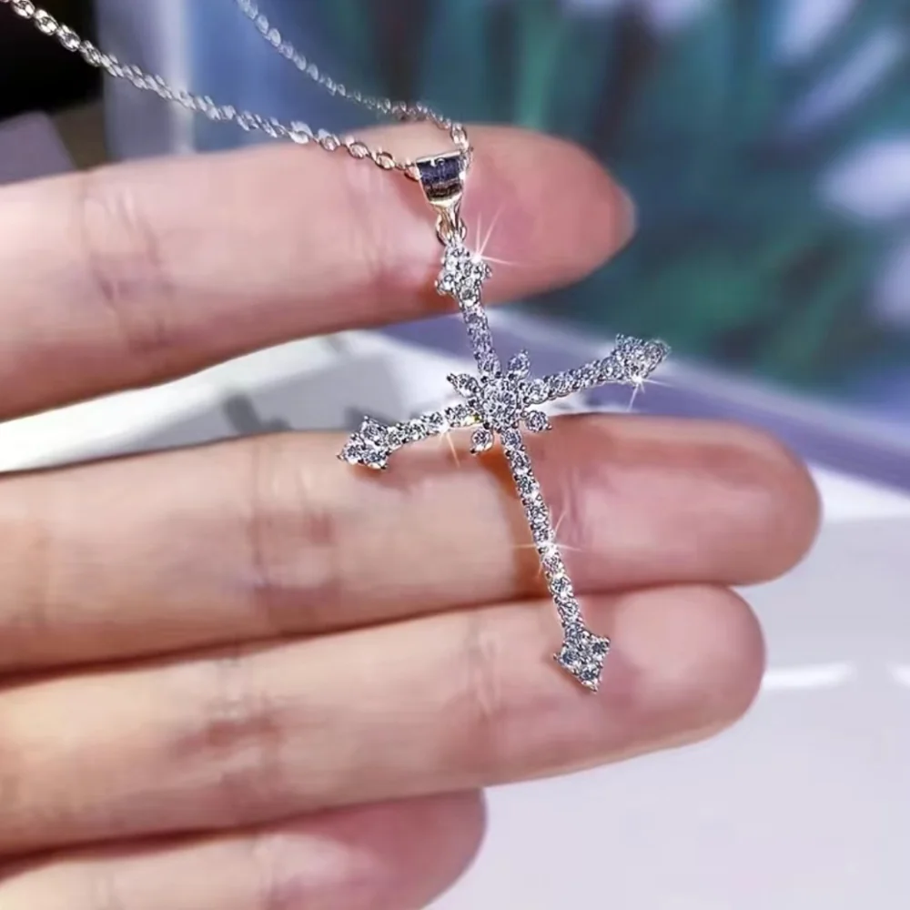 Sparkling Rhinestone Cross Silver Necklace